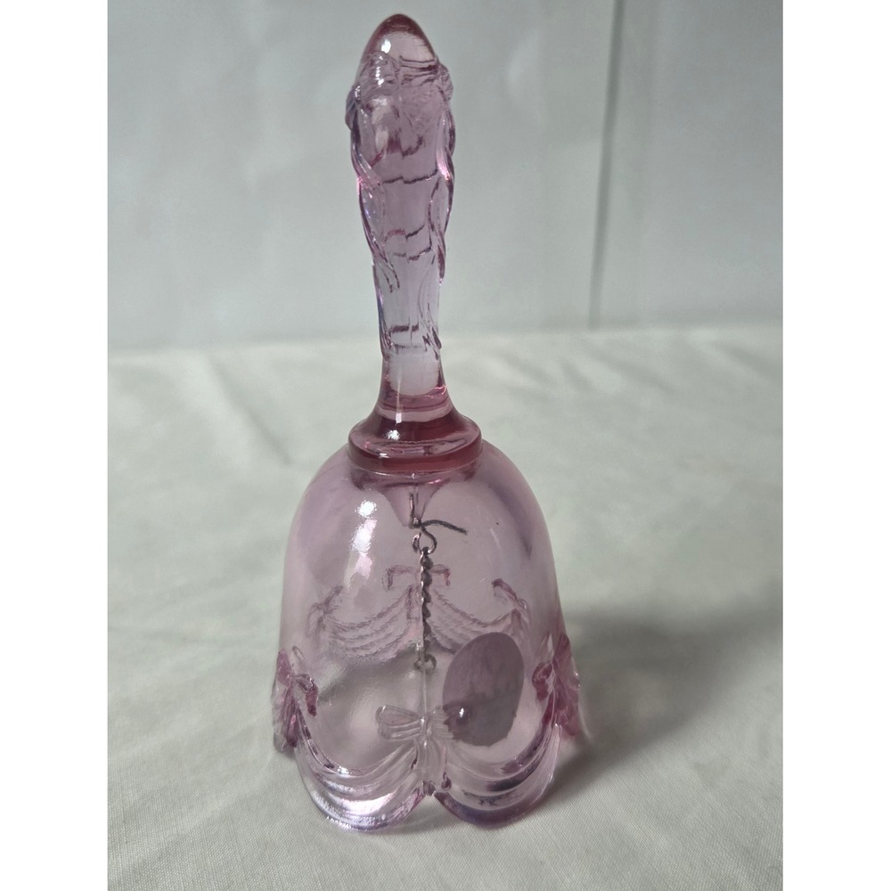 Fenton Pink Glass Bell Handmade USA Bows and Swag Pattern Vintage Collectible